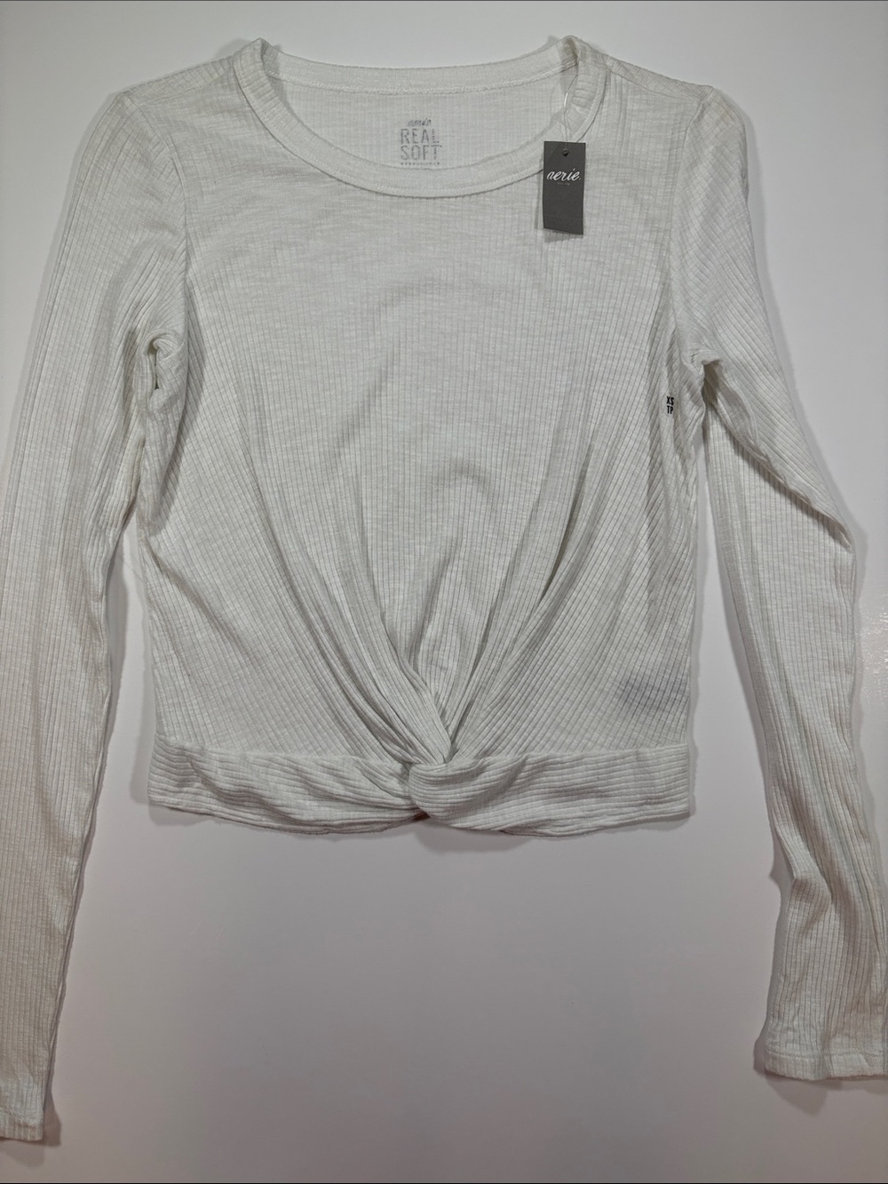 aerie White Ribbed Long-Sleeve Twist-Knot Top